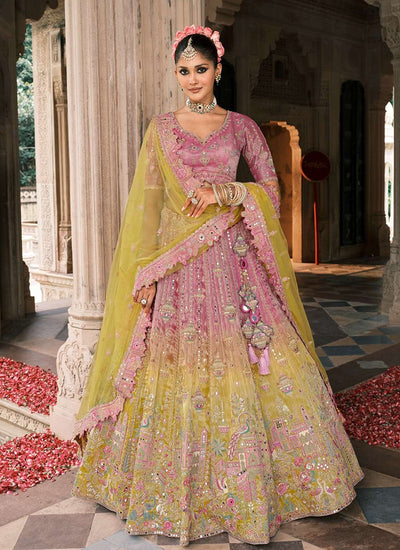 Mauve Purple And Yellow Embroidery Bridal Lehenga Choli