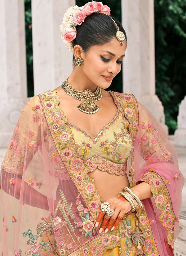 Yellow And Pink Multi Embroidery Bridal Lehenga Choli
