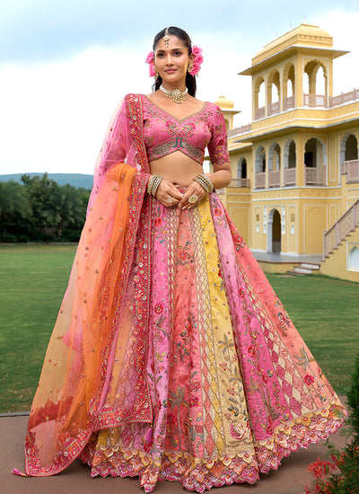 Pink Multicolored Traditional Embroidery Bridal Lehenga Choli