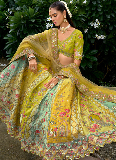 Yellow And Teal Traditional Embroidery Bridal Lehenga Choli