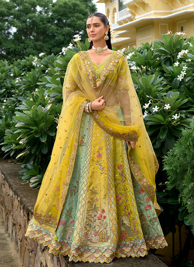 Yellow And Teal Traditional Embroidery Bridal Lehenga Choli