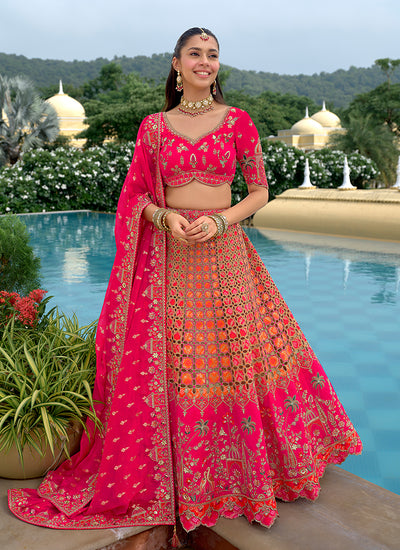 Magenta And Orange Traditional Embroidery Bridal Lehenga Choli