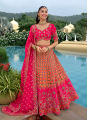 Magenta And Orange Traditional Embroidery Bridal Lehenga Choli