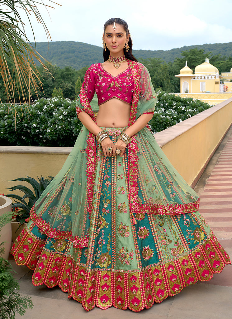 Pink And Sea Green Traditional Embroidery Bridal Lehenga Choli