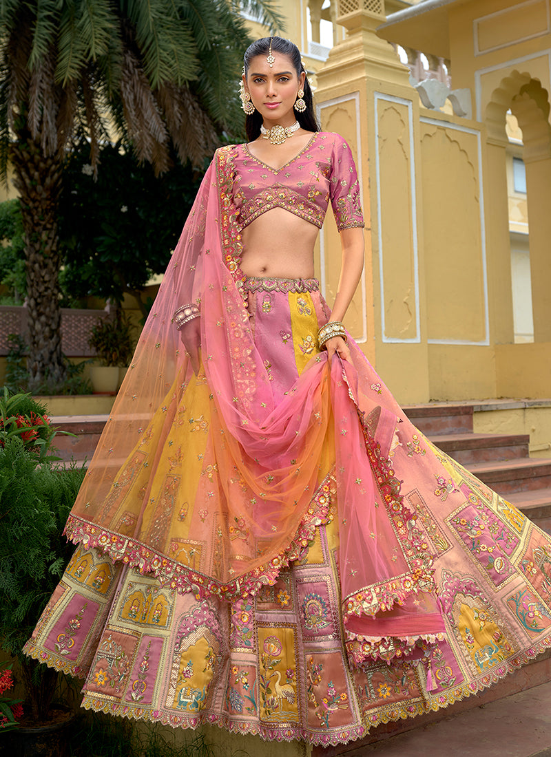 Pink And Peach Traditional Embroidery Bridal Lehenga Choli