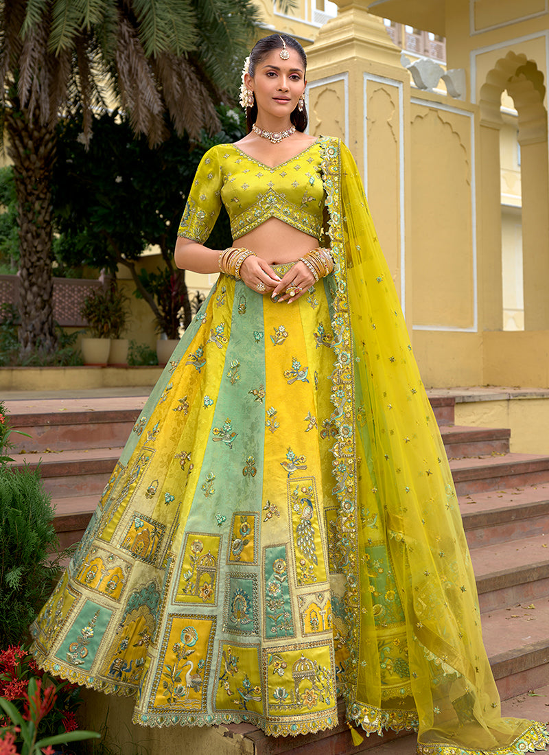 Yellow And Teal Traditional Embroidery Bridal Lehenga Choli