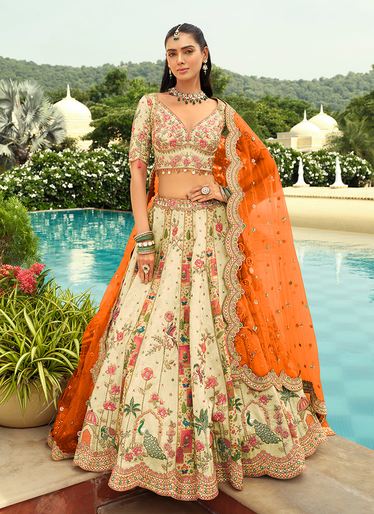 Pale Yellow And Orange Bridal Lehenga Choli