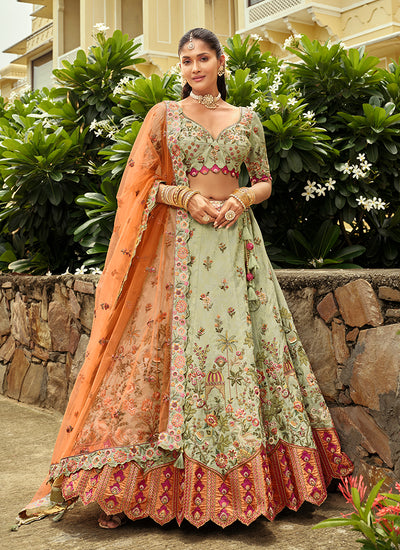 Mint And Orange Multi Embroidery Bridal Lehenga Choli
