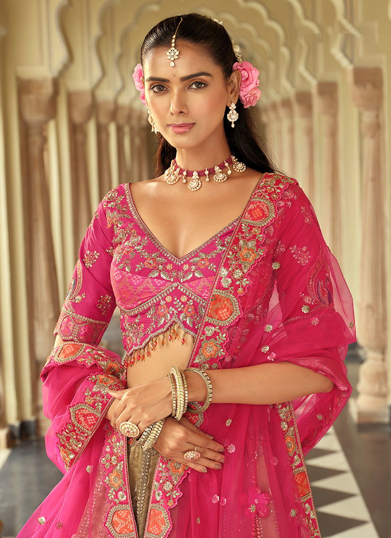 Buy Golden Beige And Pink Bridal Lengha Choli In Canada