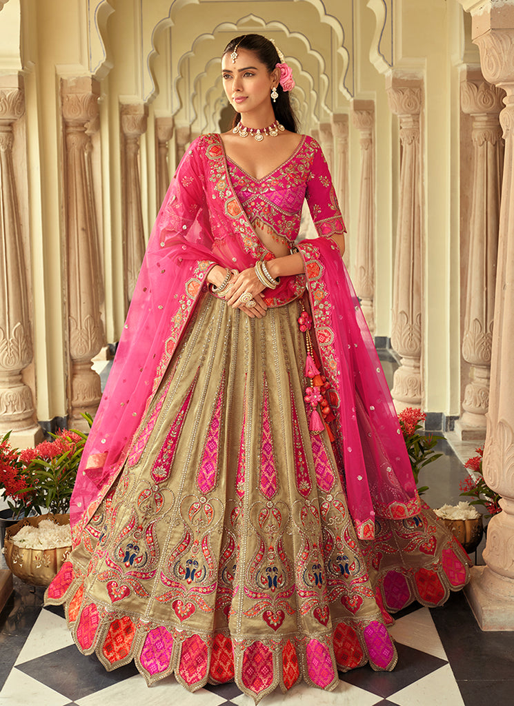 Golden Beige And Pink Multi Embroidery Bridal Lehenga Choli
