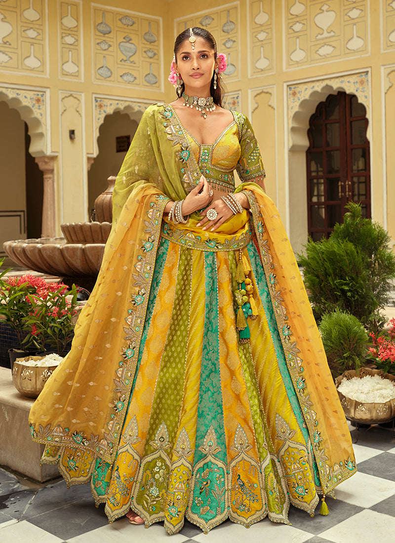 Yellow And Teal Multi Embroidery Bridal Lehenga Choli