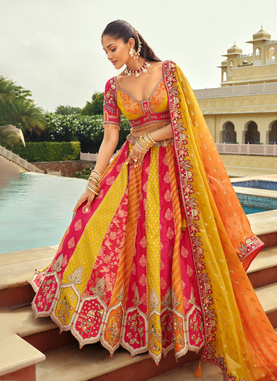 Yellow And Red Multi Embroidery Bridal Lehenga Choli