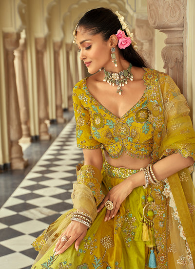 Yellow And Lime Multi Embroidery Bridal Lehenga Choli