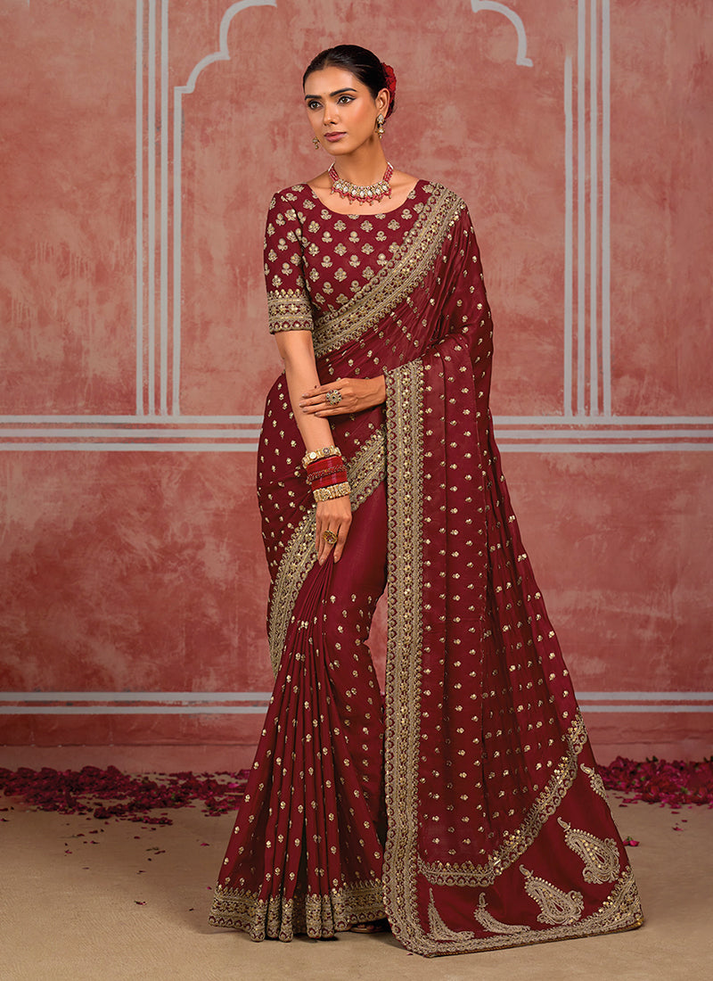 Deep Red Embroidered Bridal Silk Saree