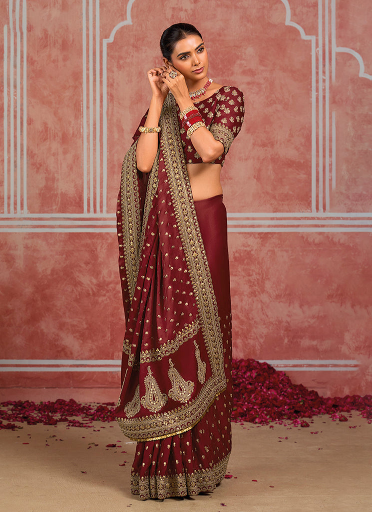 Buy Deep Red Bridal Saree In USA