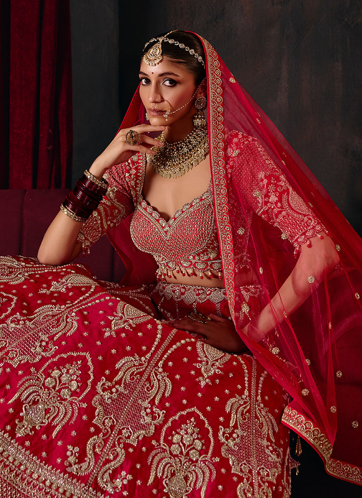 Shop Red Embroidered Bridal Lehenga Choli In UAE