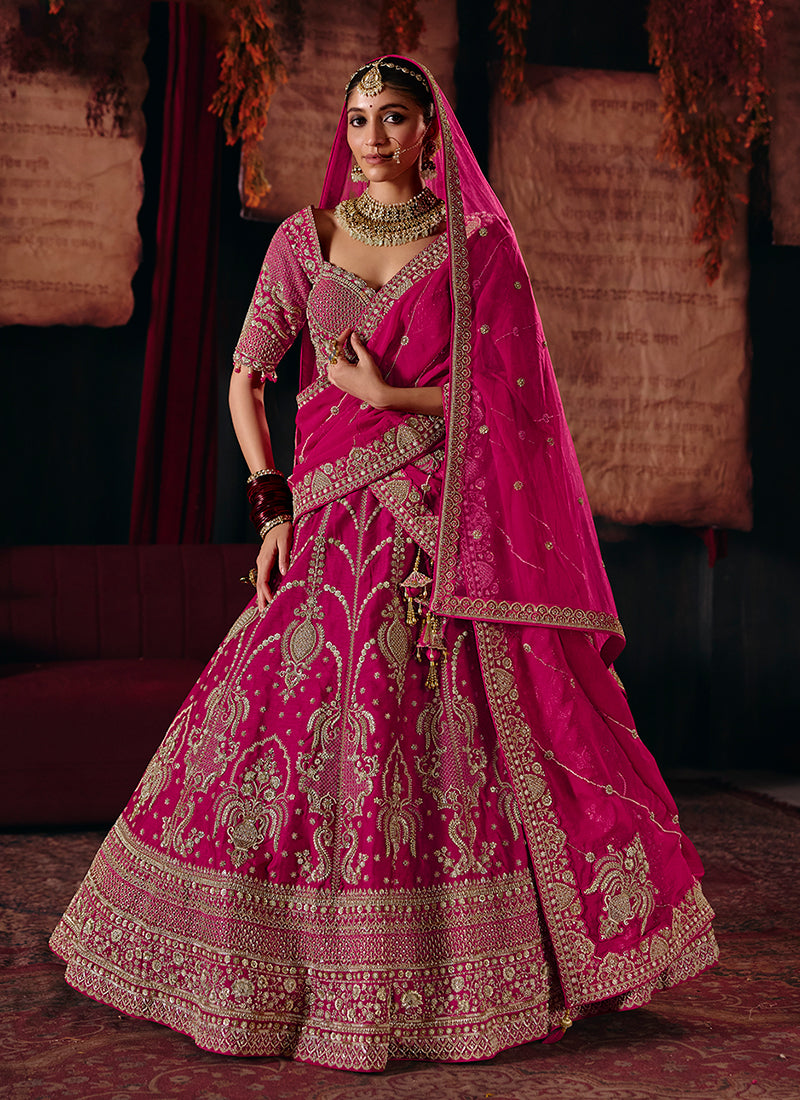 Hot Pink Embroidered Silk Lehenga Choli And Dupatta