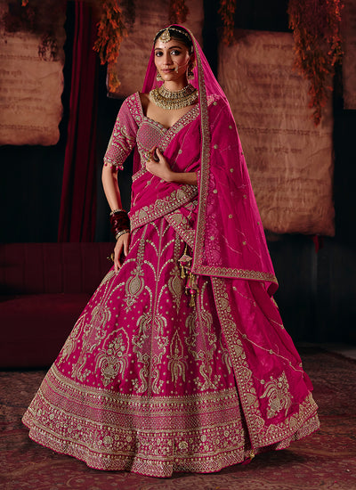Hot Pink Embroidered Silk Lehenga Choli And Dupatta