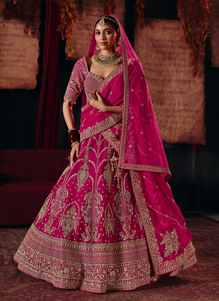 Hot Pink Embroidered Silk Lehenga Choli And Dupatta