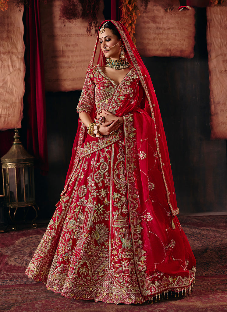 Red Multi Embroidered Lehenga Choli And Dupatta