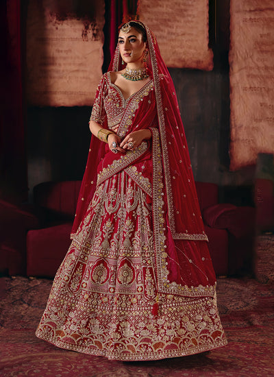 Red Traditional Embroidered Lehenga Choli And Dupatta