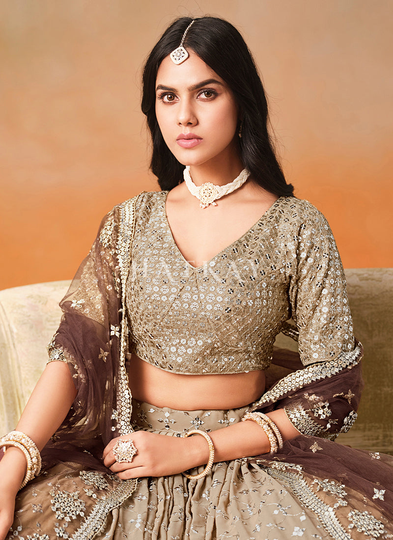 Brown Embroidered Bridal Lehenga Choli