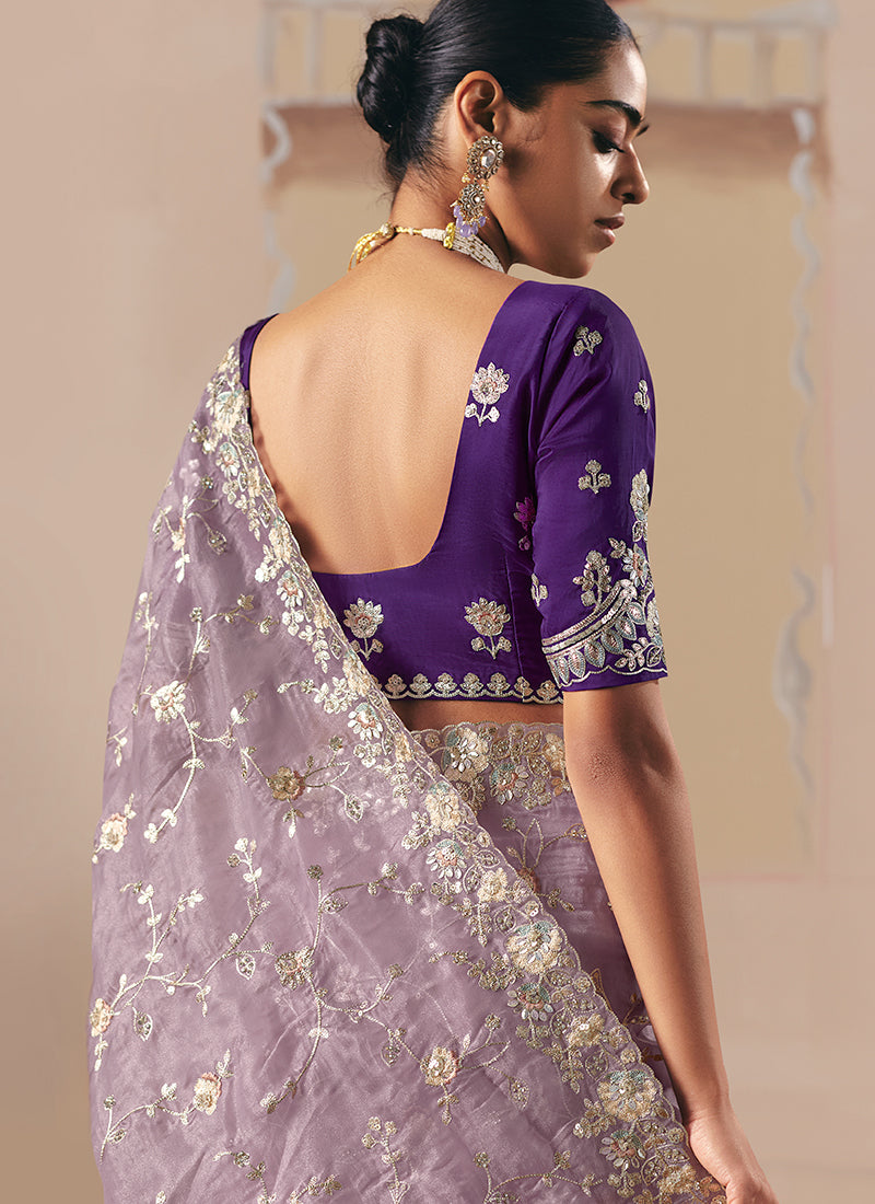 Buy Lavender Ready To Wear Sari In USA