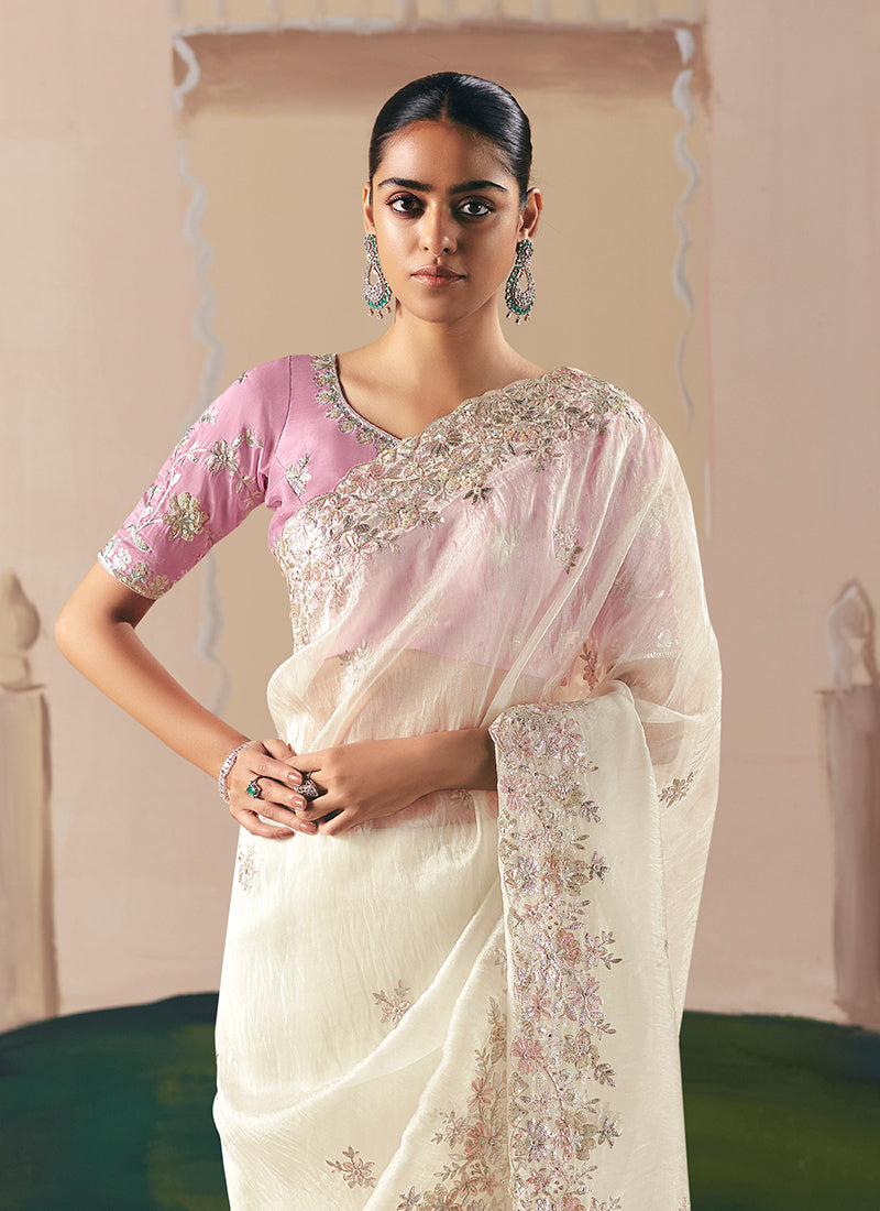Buy Cream Traditional Saree Online