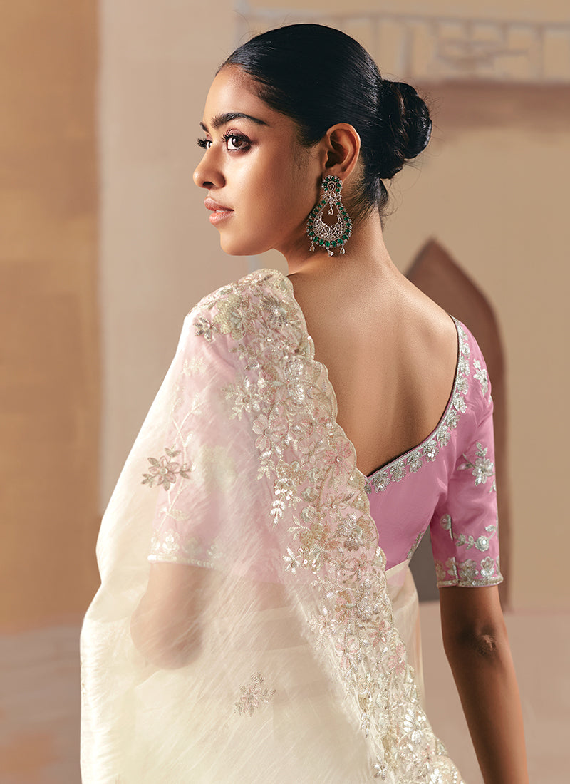 Buy Cream Ready To Wear Saree In UK