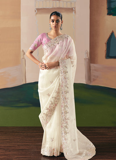 Cream And Pink Bollywood Saree