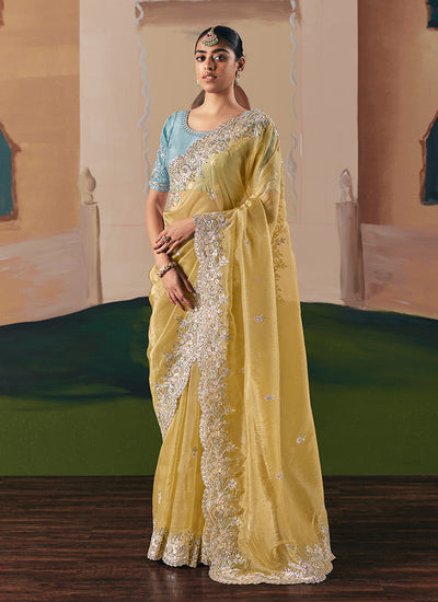 Yellow And Blue Bollywood Saree