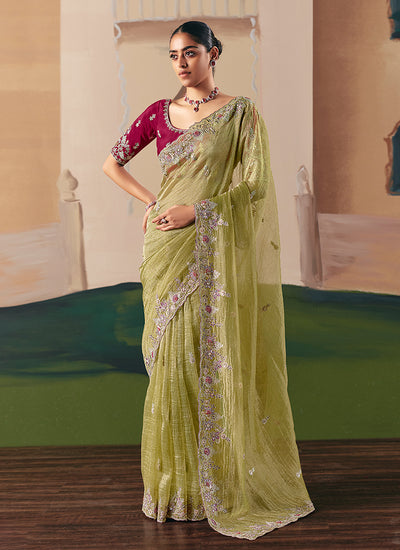 Lime Green And Magenta Bollywood Saree