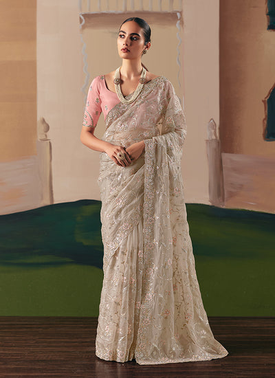 Beige And Pink Bollywood Saree