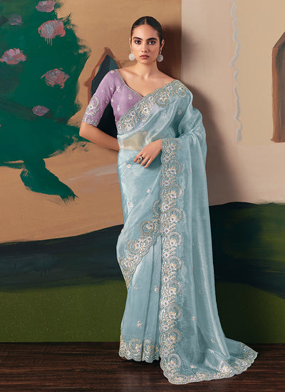 Sky Blue And Purple Saree