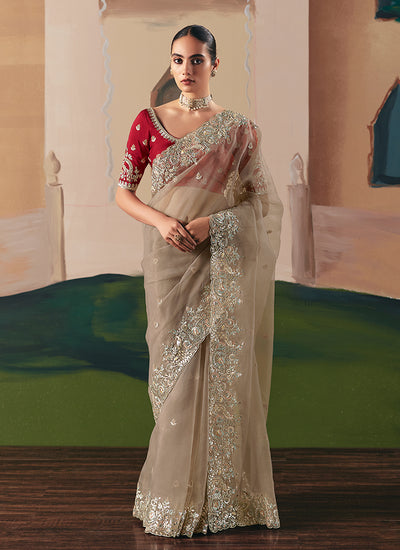 Beige And Red Bollywood Saree