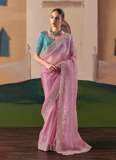 Pink And Blue Bollywood Saree