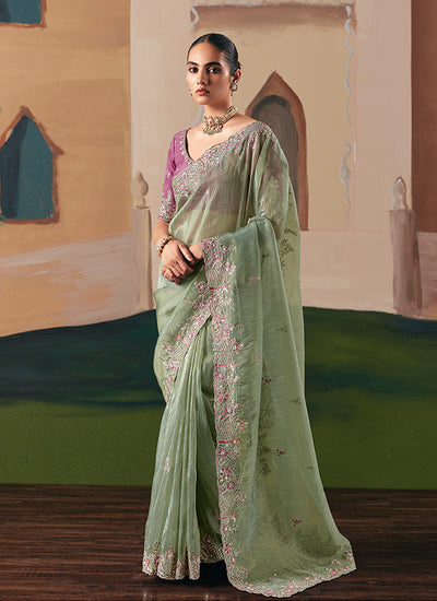Sage Green And Purple Bollywood Saree