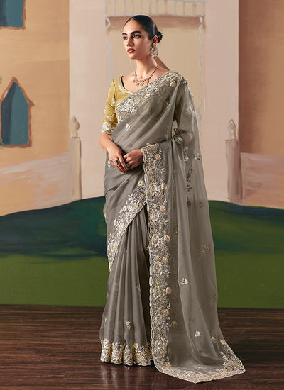 Grey And Yellow Bollywood Saree