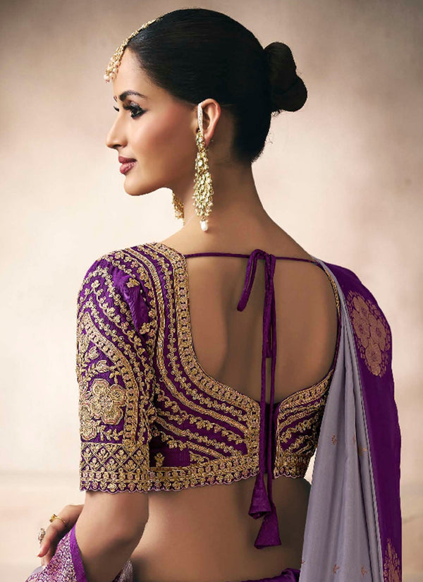 Mauve Purple Embroidered Satin Silk Saree