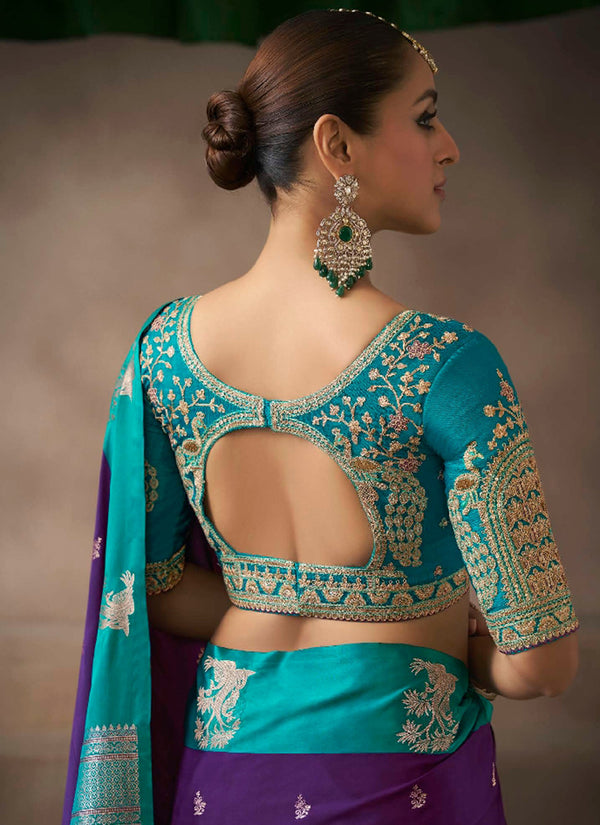Purple And Teal Embroidered Satin Silk Saree