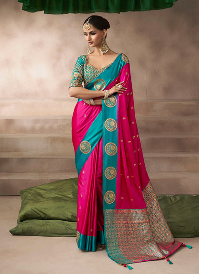 Magenta And Teal Satin Silk Saree