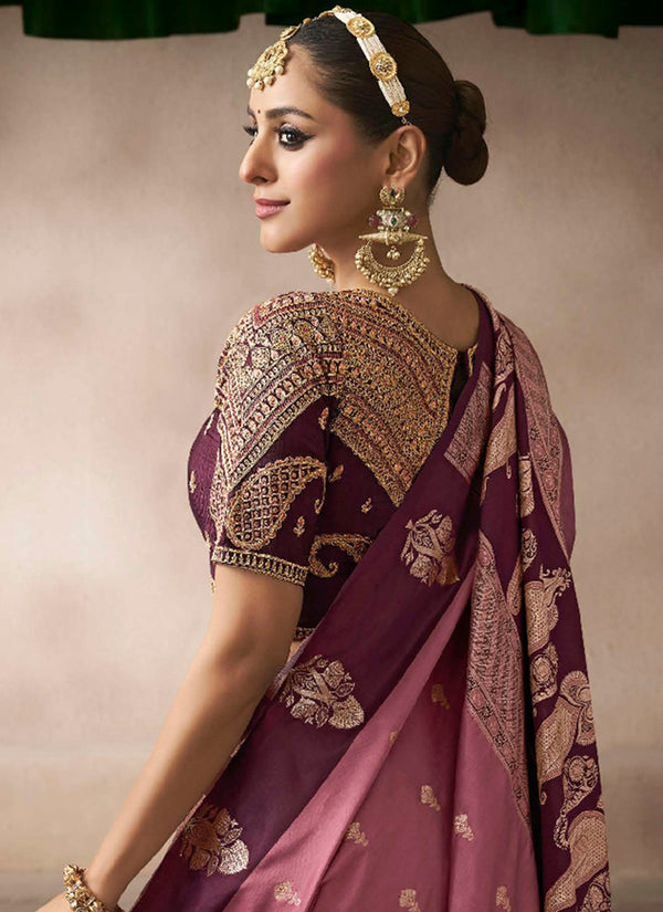 Pink And Maroon Embroidered Satin Silk Saree