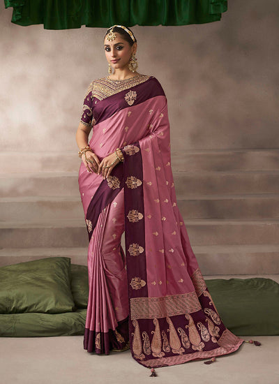 Pink And Maroon Satin Silk Saree