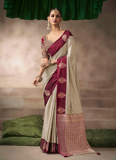 Beige And Red Satin Silk Saree