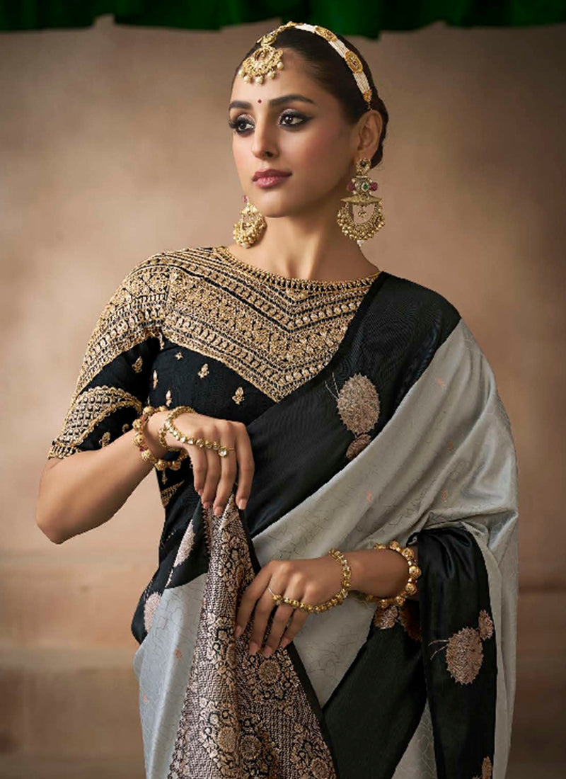 Grey And Black Satin Silk Saree In UK