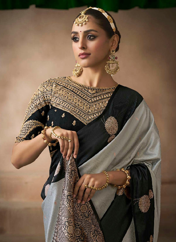 Grey And Black Embroidered Satin Silk Saree