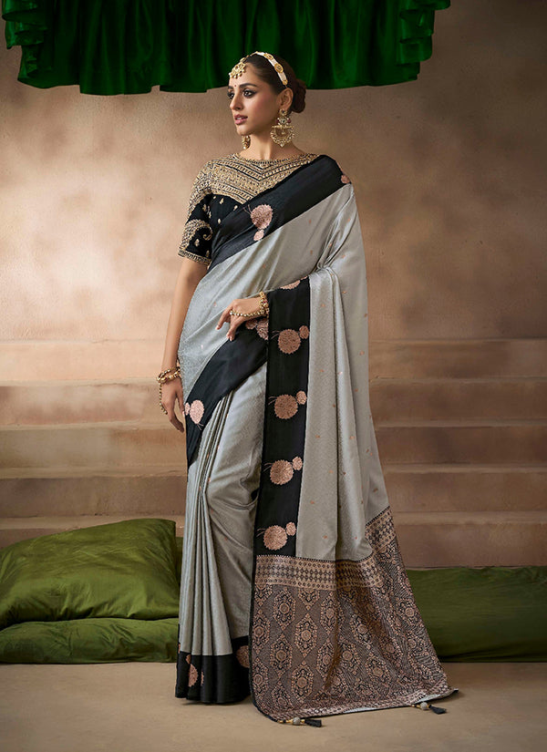 Grey And Black Embroidered Satin Silk Saree