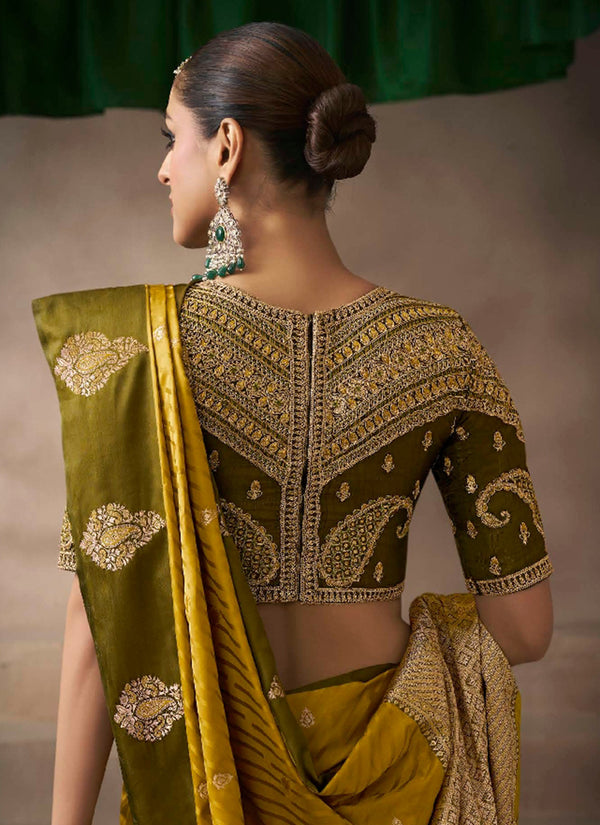 Yellow And Olive Embroidered Satin Silk Saree