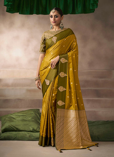 Yellow And Olive Satin Silk Saree