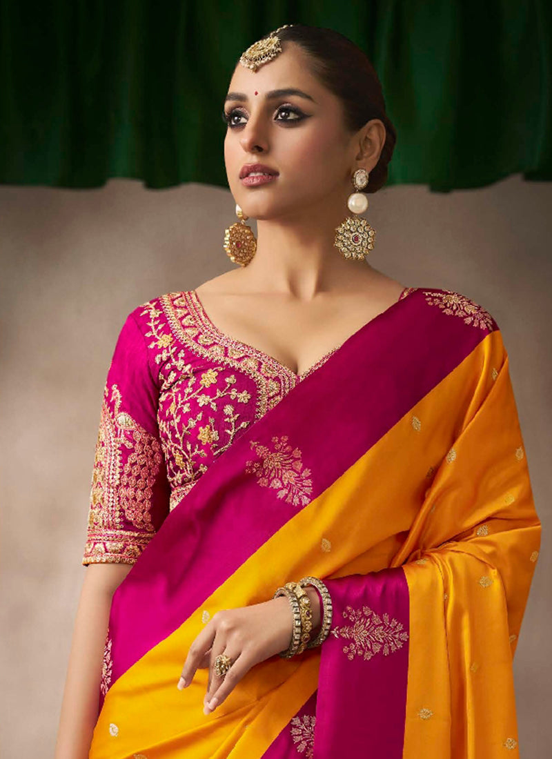 Yellow And Pink Satin Silk Sari Online